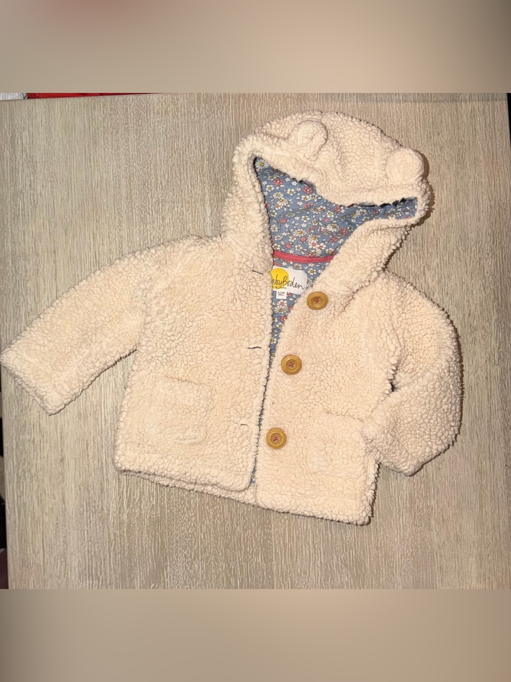 Baby Boden Cream Sherpa Hooded Jacket with Ears size 6-12 months